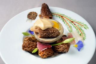 Râble de lapereau farci, morilles et crème d’asperges vertes